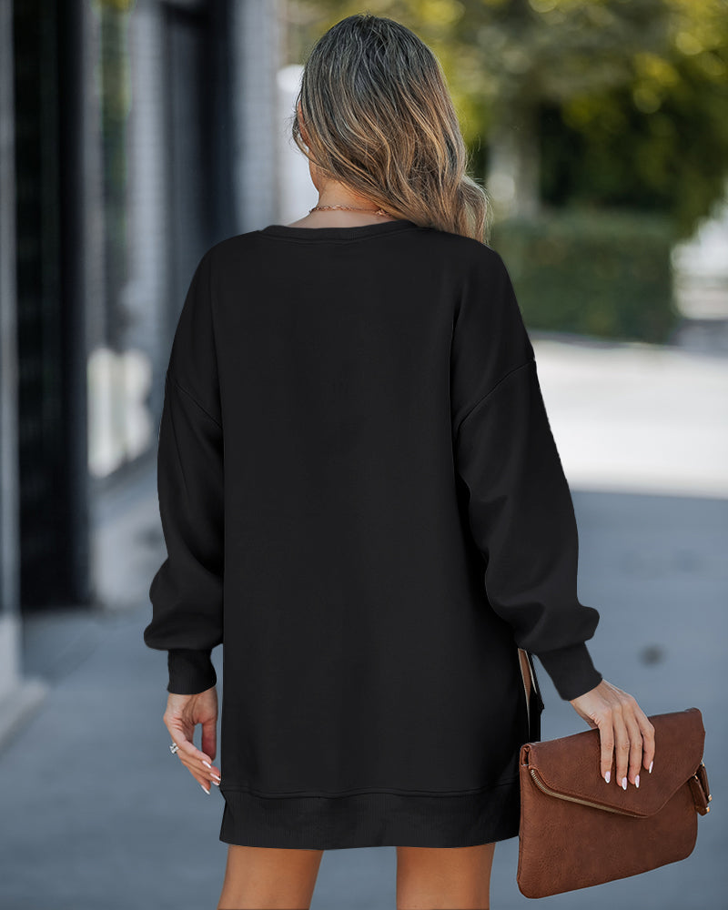 Letter Patch Detail Long Sleeve Drop Shoulder Pullover Sweatshirt Casual Zipper Side Slit Top